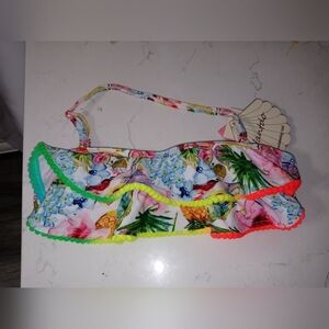 Wantdo Neon Colored Layered Ruffles Swim Top With Floral pineapple print